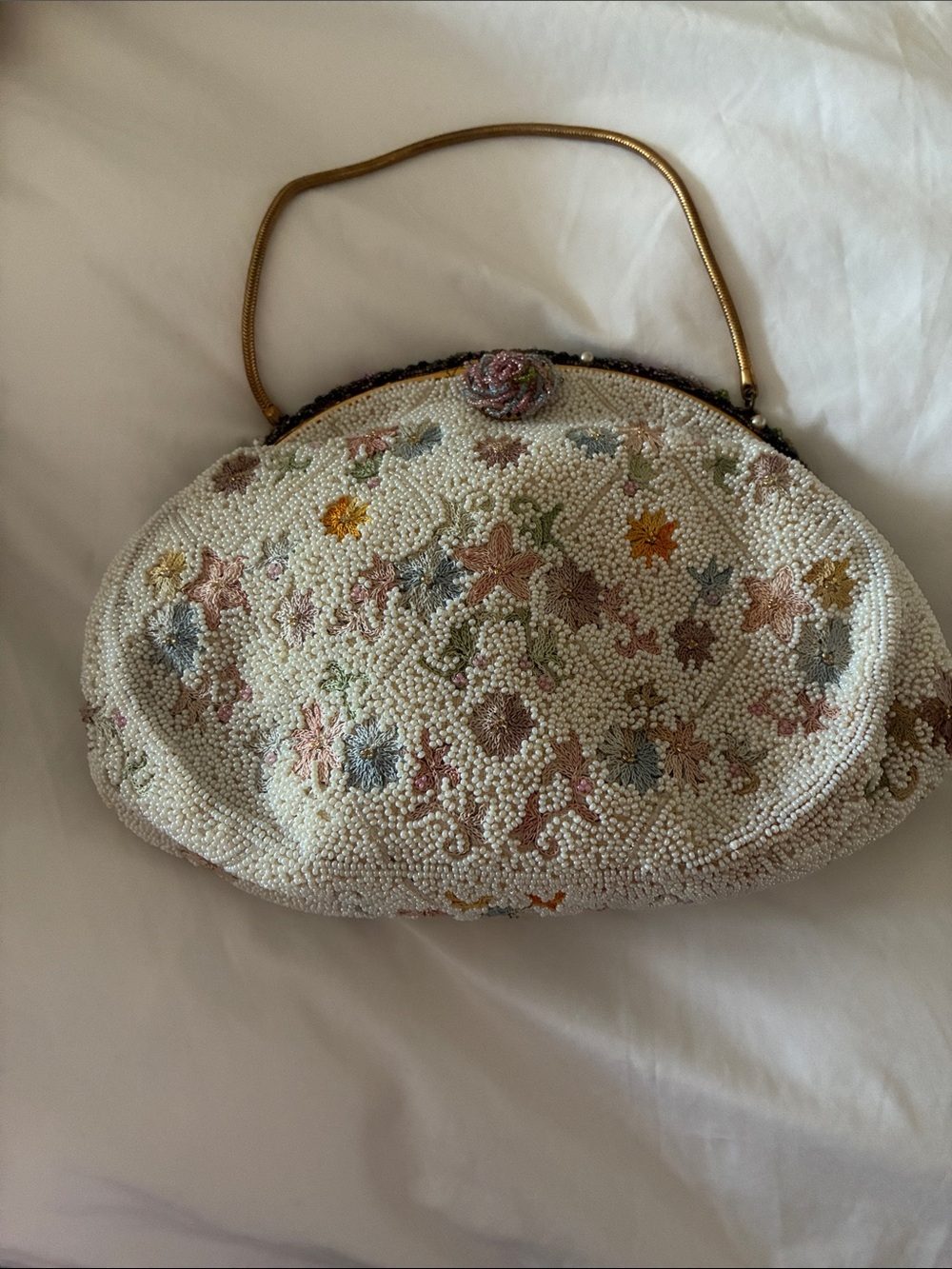 Ivory Beaded Floral Evening Clutch with Gold Handle
